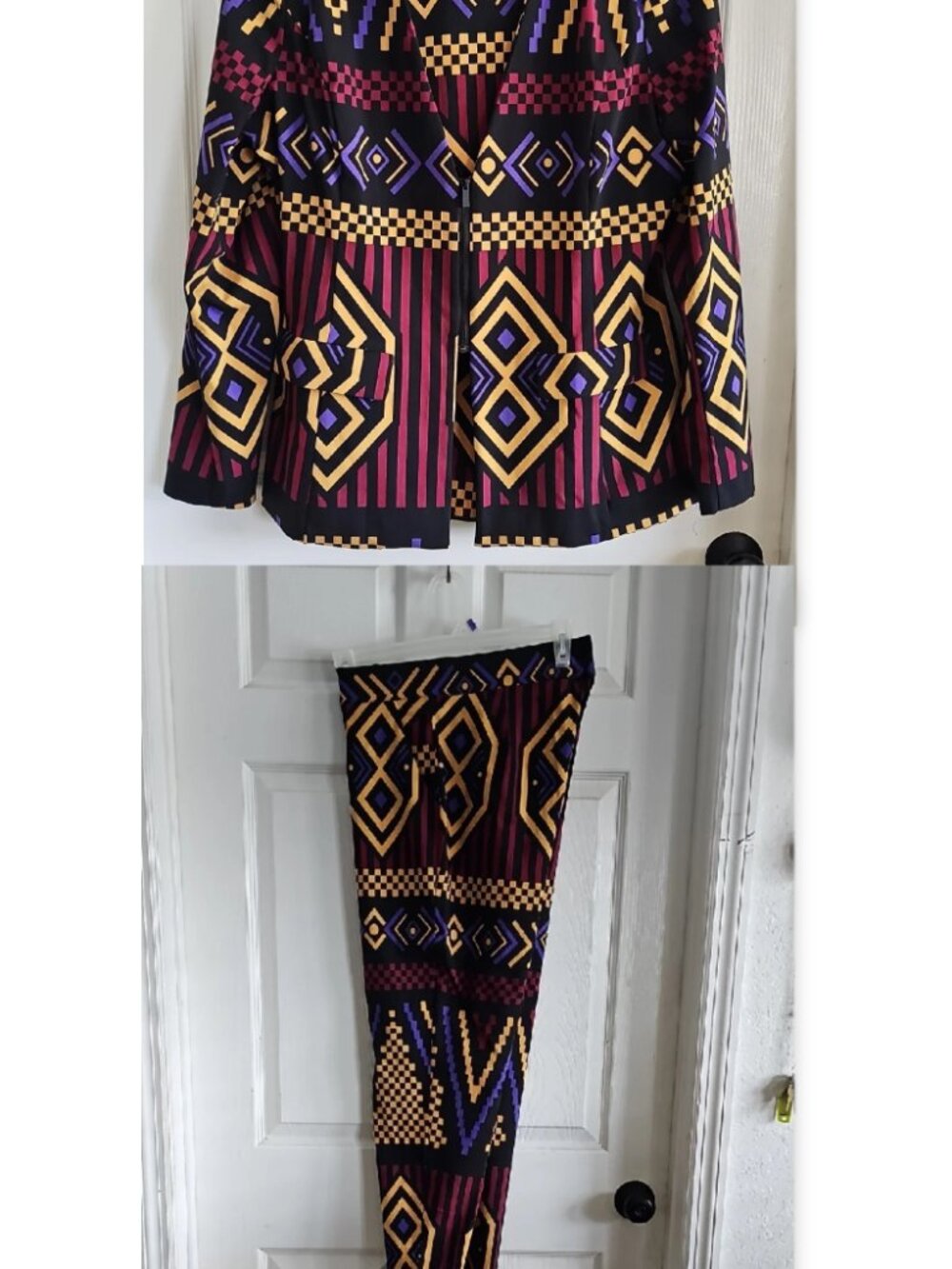 D'lyanu Black Geometric Print Open-Front Blazer with Gold & Purple Accents
